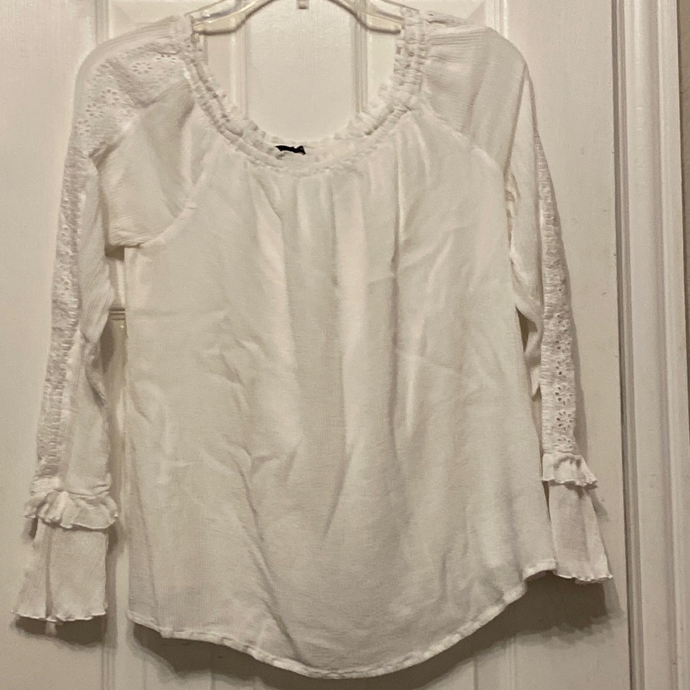 SANCTUARY Women’s Sm Tunic Long eyelit lace sleeve top, Rayon, loose fit